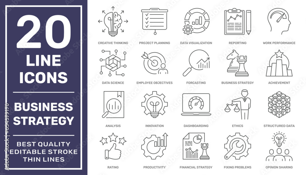 Business Strategy and Intelligence Line Icons Set. Search, Strategies, Marketing, Reports, Analysis and more. Vector Line icons Collection. Editable Stroke. EPS 10 Business Strategy and Intelligence Line Icons Set. Search, Strategies, Marketing, Reports, Analysis and more. Vector Line icons Collection. Editable Stroke. EPS 10