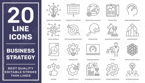 Business Strategy and Intelligence Line Icons Set. Search, Strategies, Marketing, Reports, Analysis and more. Vector Line icons Collection. Editable Stroke. EPS 10