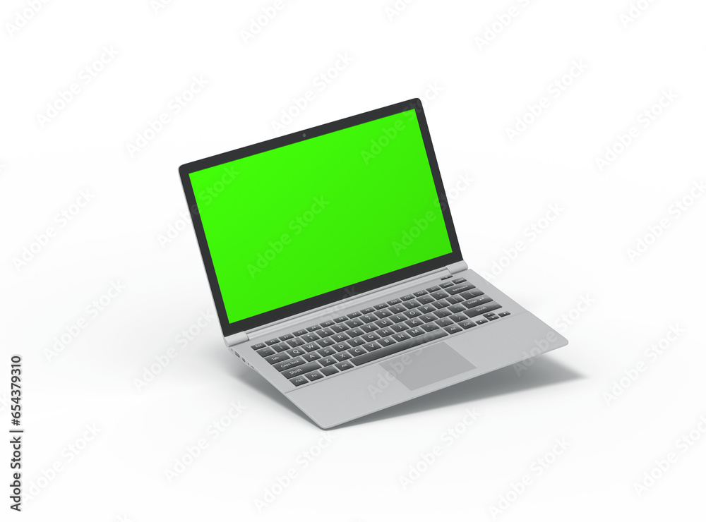 Modern laptop with easely changeable green screen design on the transparent background. 3D Render Modern laptop with easely changeable green screen design on the transparent background. 3D Render