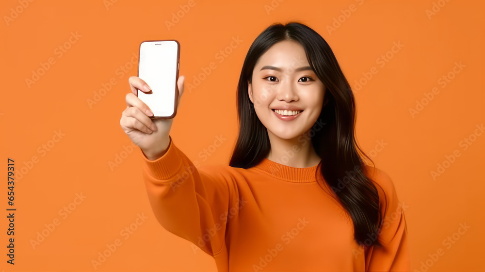 asian woman Showing Pointing At Empty Smartphone Screen. asian woman Showing Pointing At Empty Smartphone Screen.