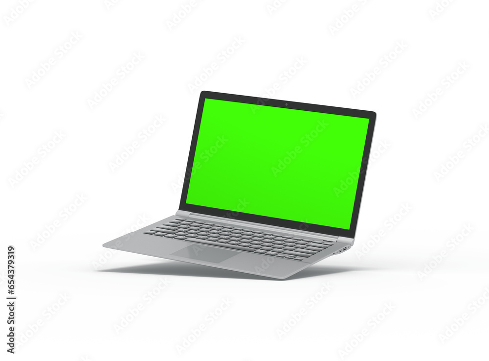 Modern laptop with easely changeable green screen design on the transparent background. 3D Render
