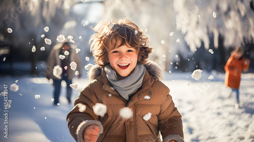 Smiling and happy child in winter playing with snow in a snowy landscape. Generative ai