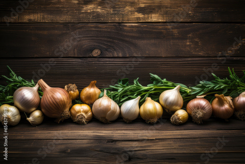 Onions and garlic on wooden table, copy space