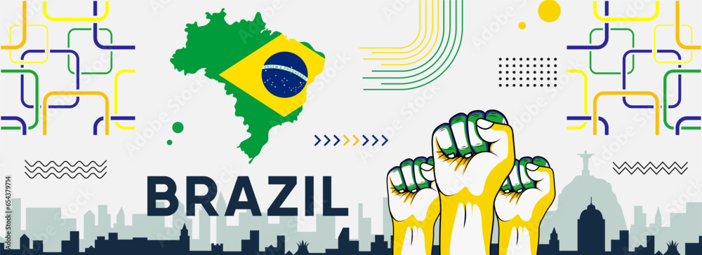 Map of Brazil with raised fists. National day or Independence day design for Brazilian celebration. Modern retro design with Rio landmarks abstract icons. Vector illustration.