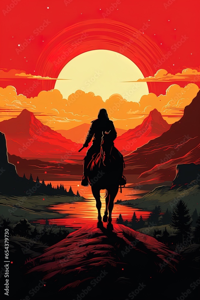 horse and rider cowboy silhouette at sunset western rider in western tack against red orange sky 

