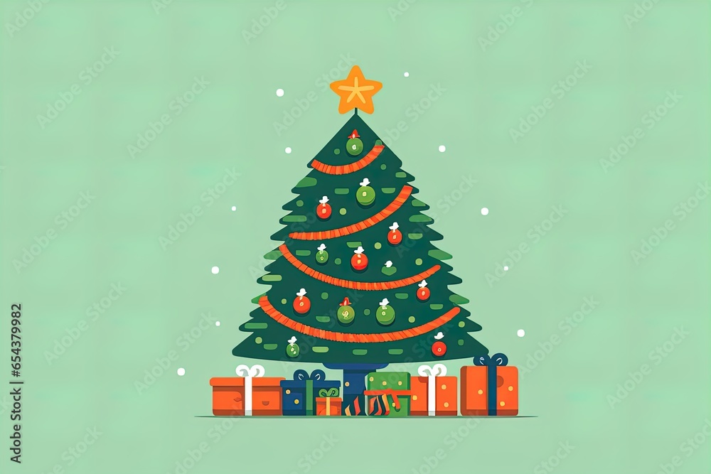 Naklejka premium Christmas green decorated tree. Flat style vector illustration isolated on clear background