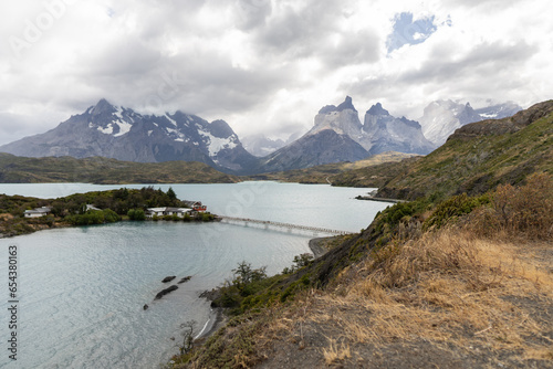 panoramic view of amazing mountains and lakes at lake pehoe, Torres del paine National Park, Chile.