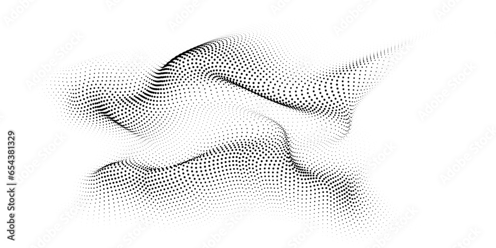 Flowing dots particles wave pattern 3D curve halftone black gradient ...