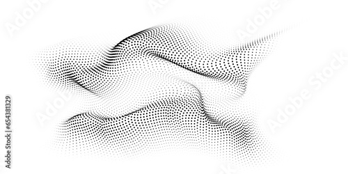 Flowing dots particles wave pattern 3D curve halftone black gradient curve shape isolated on white background. Vector in concept of technology, science, music, modern.