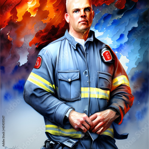 Firefighter, brush strokes, light blue and white flag background photo