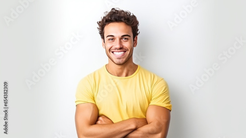 Young Brazilian woman cross arms isolated background looking to the side and smiling photo
