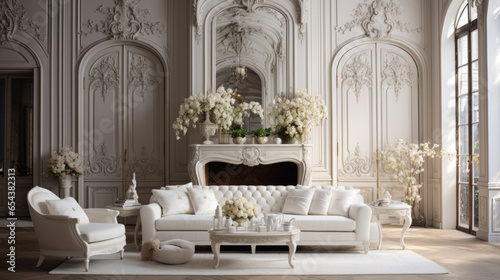 A bright, classically furnished living room with a white couch and white walls © jr-art