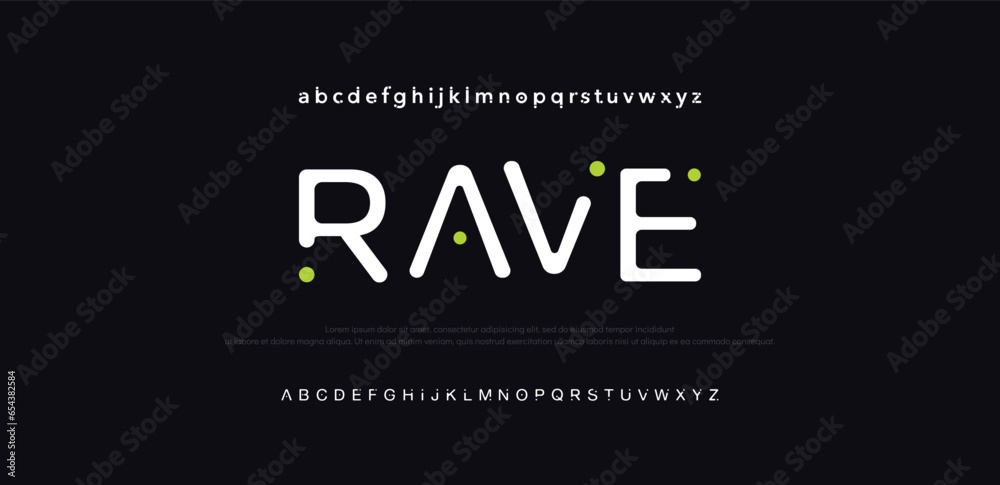 Rave Abstract digital technology logo font alphabet. Minimal modern urban fonts for logo, brand etc. Typography typeface uppercase lowercase and number. vector illustration - obrazy, fototapety, plakaty 