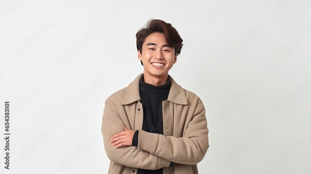 Young asian man cross arms isolated background and smiling. Young asian man cross arms isolated background and smiling.