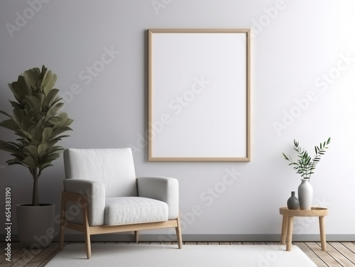 Illustration of background living space with empty poster frame in wall. Minimalist concept interior design. 