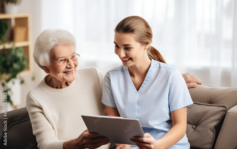 Nurse, clipboard and senior woman with insurance for home and support with a smile on a couch. Nurse, clipboard and senior woman with insurance for home and support with a smile on a couch.