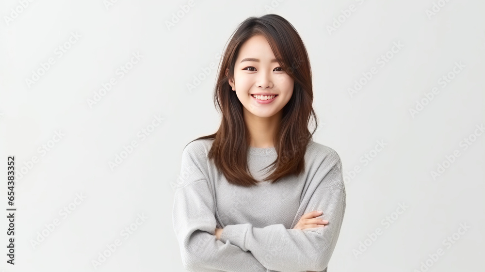 Young asian woman cross arms isolated background and smiling. Young asian woman cross arms isolated background and smiling.