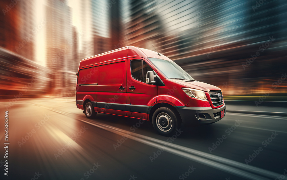 Red delivery van driving through the city against a blurred city background Red delivery van driving through the city against a blurred city background