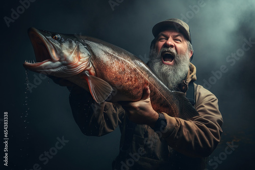 Proud bearded fisherman having glad expression catching big fish having successful day.