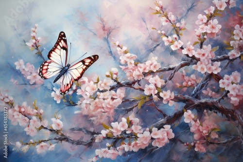 Blooming flowers and butterflies in the spring garden  © PinkiePie