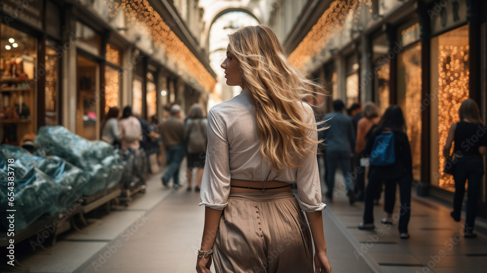 Fototapeta premium Woman with long blonde hair walking through Milano