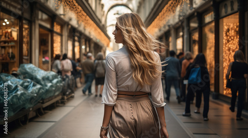 Woman with long blonde hair walking through Milano photo