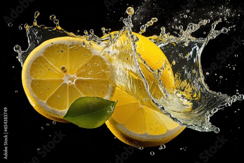Lemon slice with liquid splash isolated on black background. Generative AI