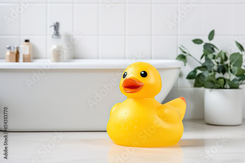 Yellow Rubber duck. Funny kids inflatable toy by bathtub with copy space,bathroom decoration concept