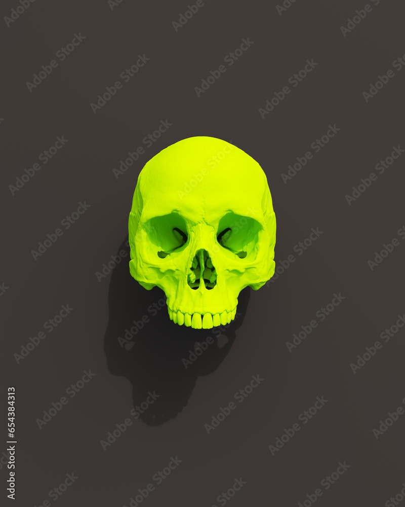 Fototapeta premium Green skull human Halloween black background creepy witchcraft horror aesthetic 3d illustration render digital rendering