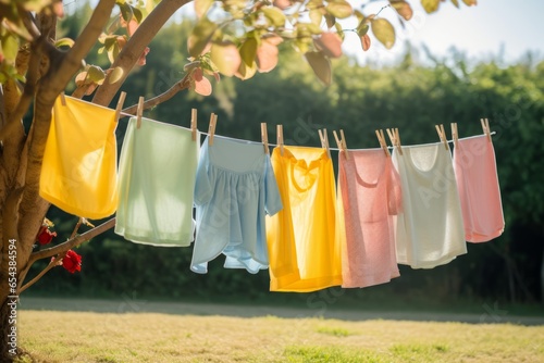 After being washed children colorful clothes dried outdoor
