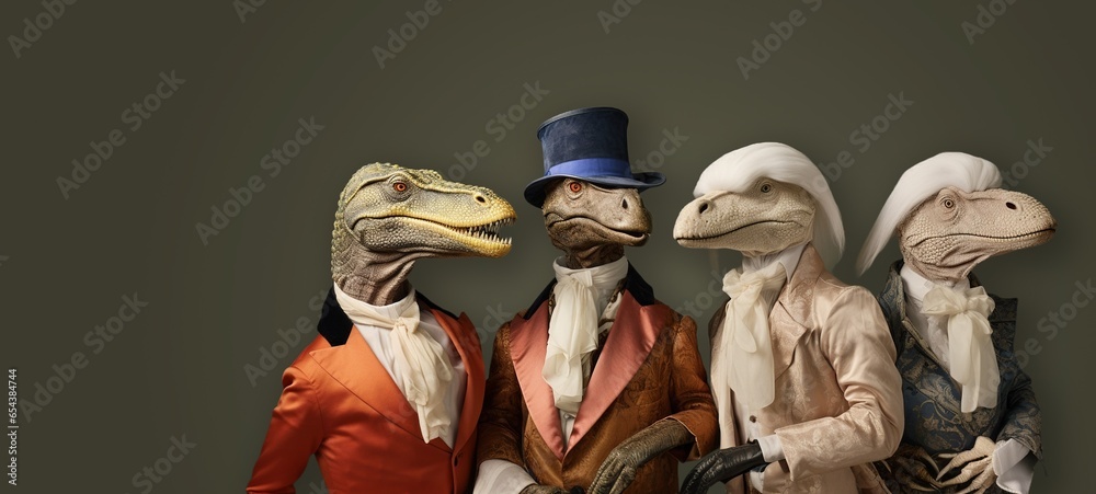 four dinosaurs side by side wearing 17th century clothes and white wigs, on a clean background