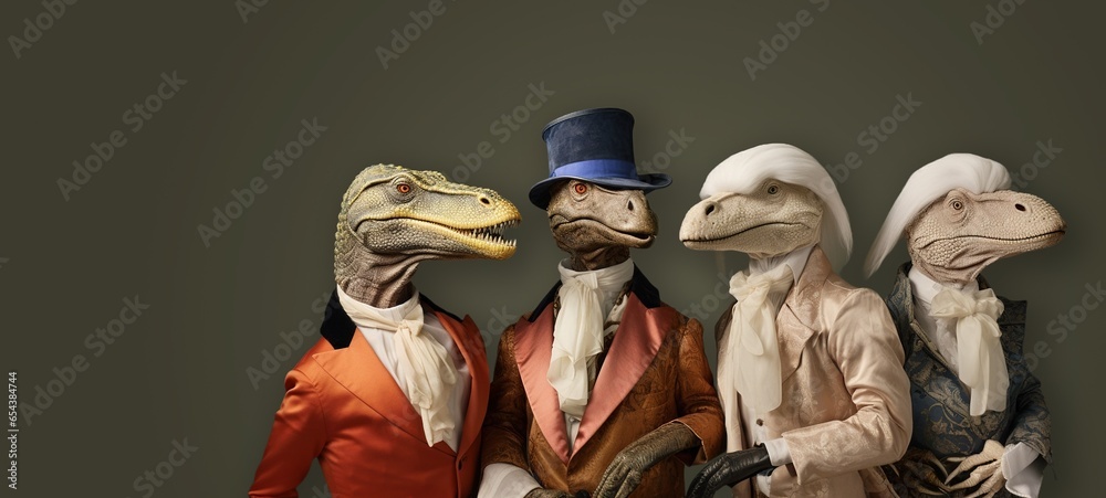 four dinosaurs side by side wearing 17th century clothes and white wigs, on a clean background four dinosaurs side by side wearing 17th century clothes and white wigs, on a clean background