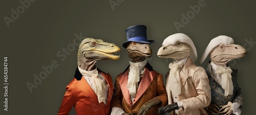 four dinosaurs side by side wearing 17th century clothes and white wigs, on a clean background photo