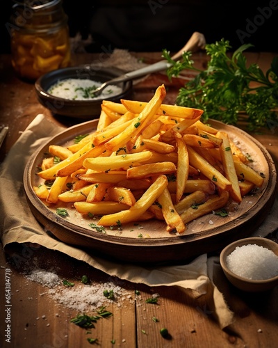 French fry board with seasoning and condiments on wooden table