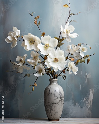 Gray vase with white flower arrangements photo