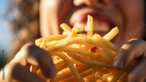 A close-up of person eating fries close up on mouth.