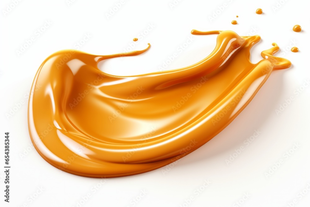Liquid sweet melted caramel, delicious caramel sauce isolated on white - obrazy, fototapety, plakaty 