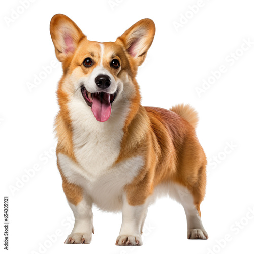 Happy Pembroke Welsh Corgi standing and looking at camra isolated on white background  photo