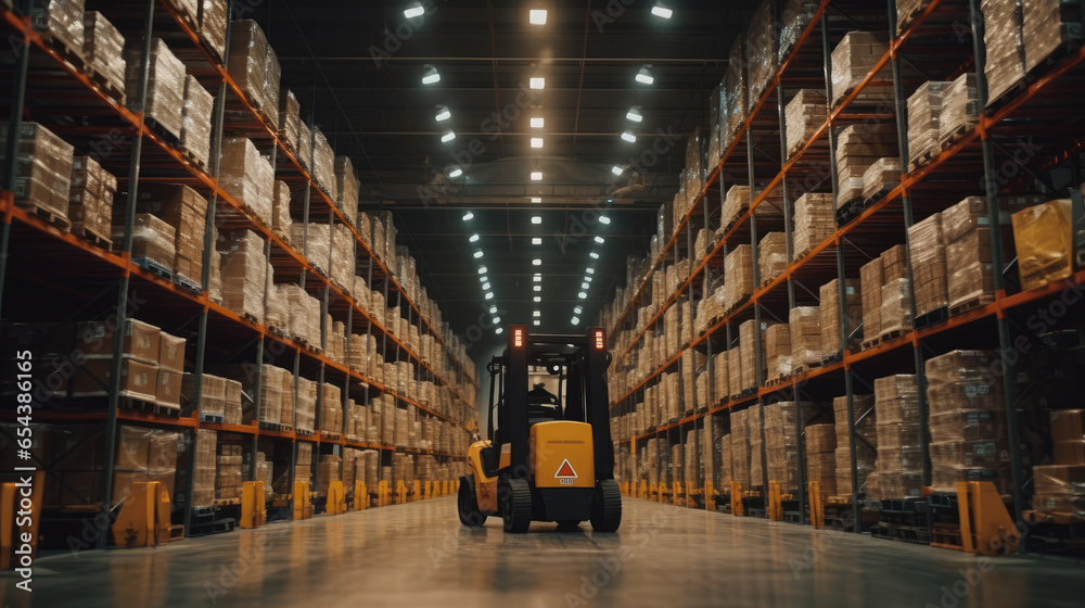 High-tech warehouse as forklifts zip around, ensuring smooth operations - obrazy, fototapety, plakaty 