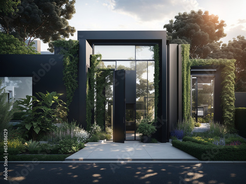 A sleek contemporary home with a large metallic eneterance - AI Generative