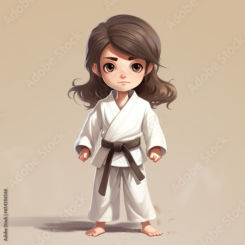 Cute karate girl, looking determined, hazel eyes, brown hairs, brown belt, karate position, neutral background, cartoon style, Generative AI photo