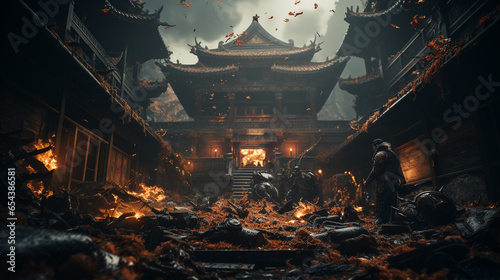 Aftermath of an epic kung fu fight inside an ancient japanese temple, fire everywhere, Generative AI