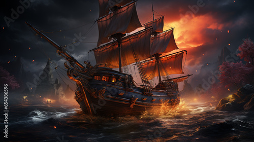 Black ship of pirates sailoring on the ocean at night, fire lighting, Generative AI