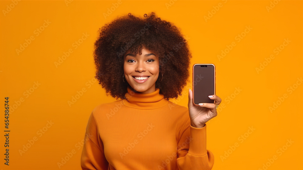 african american woman Showing Pointing At Empty Smartphone Screen.