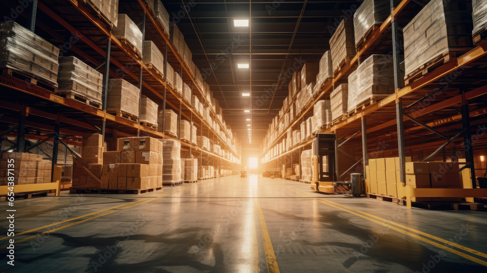 High-tech warehouse as forklifts zip around, ensuring smooth operations High-tech warehouse as forklifts zip around, ensuring smooth operations