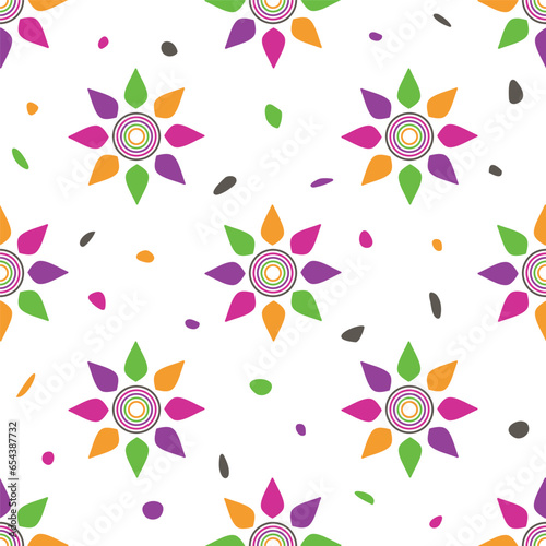 Decorative sun shapes, multicolour seamless pattern swatch. Festive colourful centric rings symbol, petals, spots. Halloween colour palette. White background photo