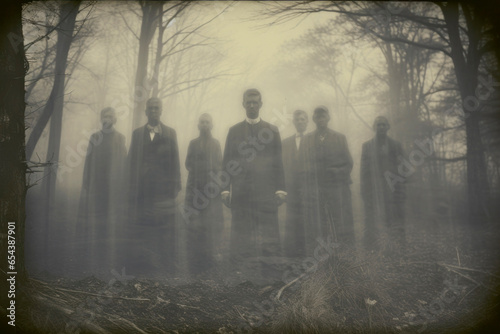 Black and white vintage or retro photo from an old camera. Man in the forest. Halloween concept photo