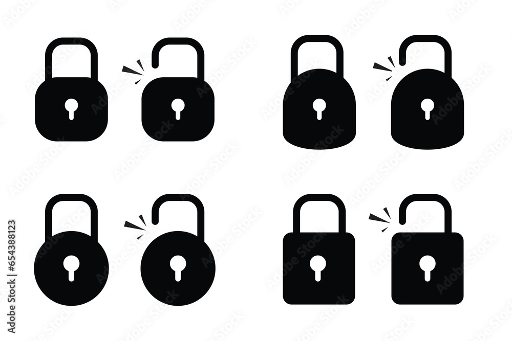 Lock icon set. Locked and unlocked vector icon set. Locked and unlocked padlock symbol of device security. Privacy symbol vector stock illustration. Round and square shape padlock. eps 10 vector Lock icon set. Locked and unlocked vector icon set. Locked and unlocked padlock symbol of device security. Privacy symbol vector stock illustration. Round and square shape padlock. eps 10 vector