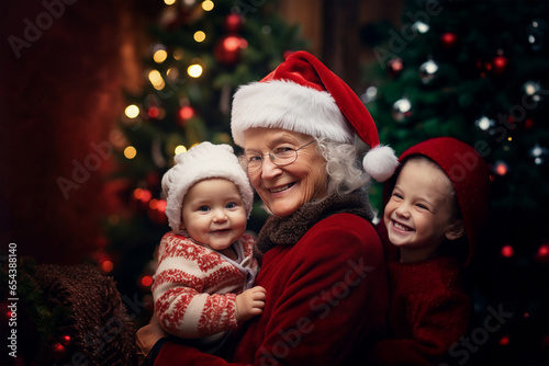 Portrait of an old woman wearing a Santa hat with a baby and a boy, Christmas tree background. Grandmother and grandchildren, happy family reunion concept