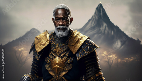 Elderly black king with golden armor in front of burning trees, thoughtful looking, dark fantasy world